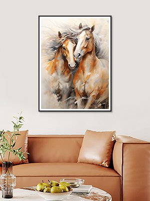 Two horses with flowing manes depicted in a diamond painting, framed and hung above a sofa.