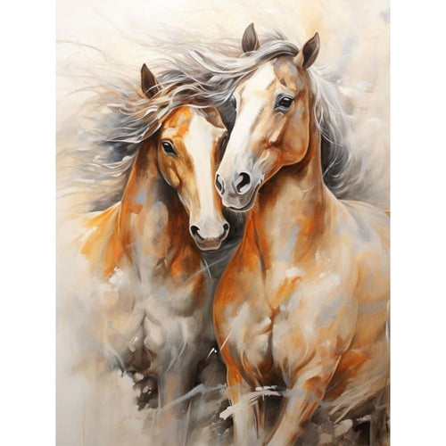 Two horses with flowing manes in a painterly style, close-up view