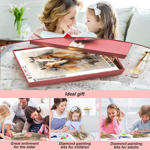 Diamond painting kit with horses in a box, shown with family activities below.