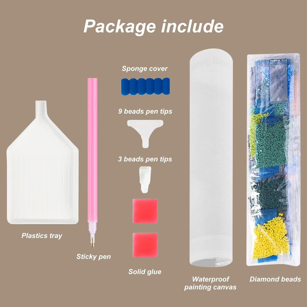 Diamond painting kit contents laid out: plastics tray, sticky pen, sponge cover, pen tips, solid glue, waterproof canvas, and diamond beads.