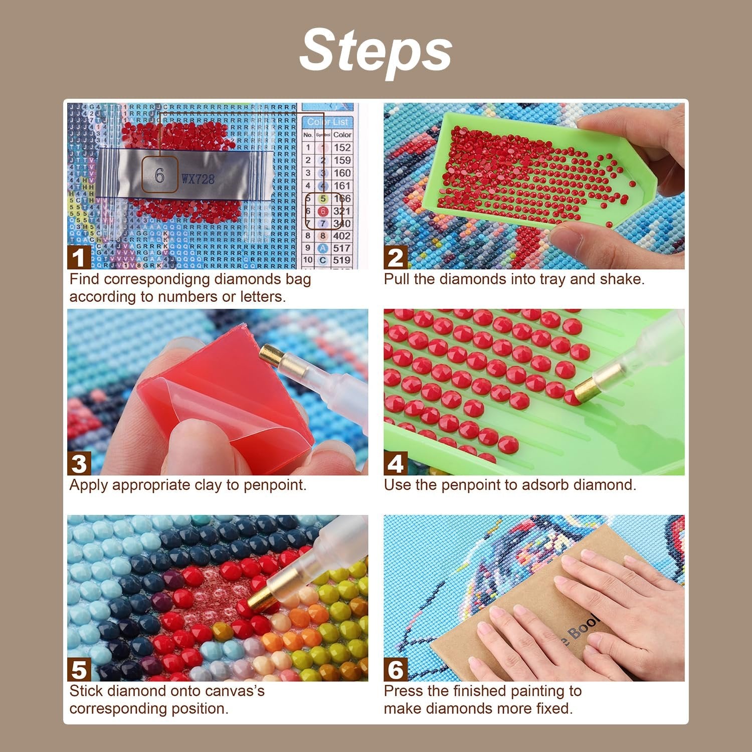 Diamond painting kit instructions showing 6 steps: finding diamond bags, shaking diamonds in tray, applying clay to pen, picking up diamonds, sticking diamonds, and pressing the finished painting.