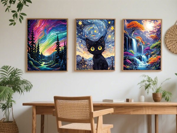 Three framed fantasy art prints hanging on a wall above a wooden desk: a forest with aurora borealis, a black cat under a starry sky, and a waterfall with colorful trees.
