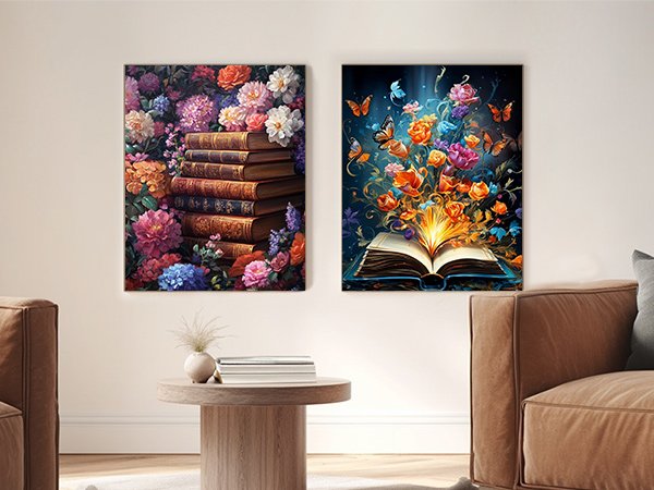 Two framed fantasy art prints depicting books and flowers, displayed on a wall above a coffee table.
