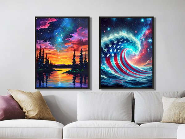Two framed abstract paintings hanging on a wall above a sofa, one with a starry sky over a lake and trees, the other a wave with American flag colors.