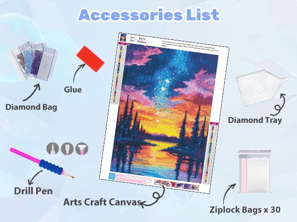 Diamond painting kit contents including drill pen, glue, diamond bags, tray, and ziplock bags.