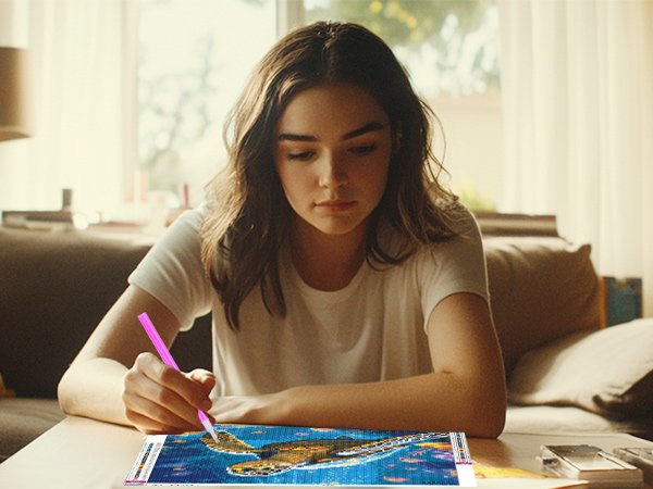 Young woman doing a diamond painting kit of a sea turtle on a table