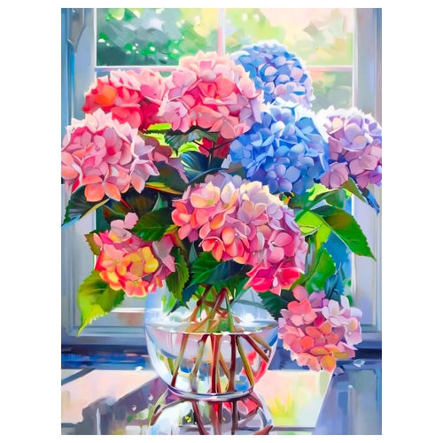 Vase of colorful hydrangeas in water on a windowsill, rendered in a painterly style.