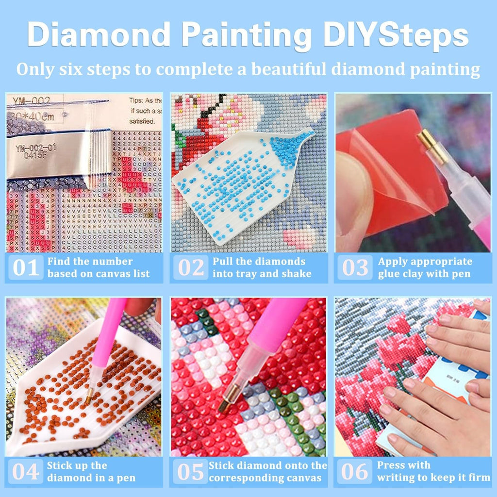 Diamond painting DIY steps illustrated in six panels, showing how to apply diamonds to canvas.