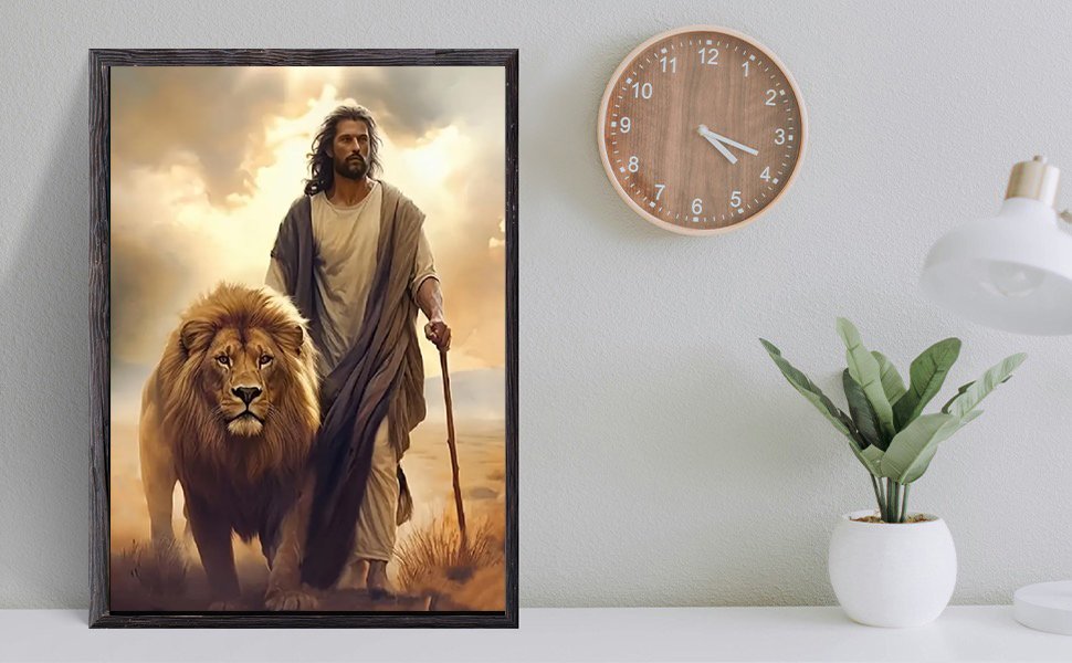 Jesus and a lion walking together in a desert landscape, framed artwork on a wall.