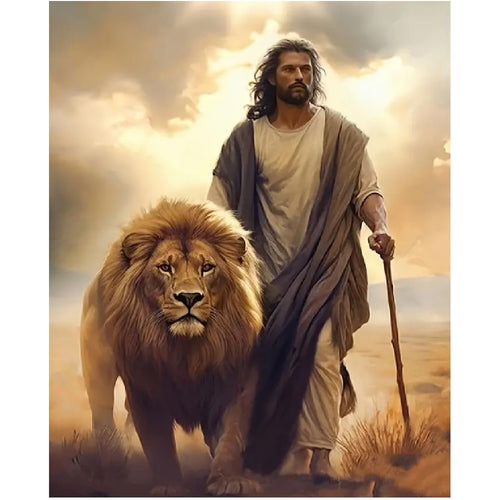 Jesus walking with a lion in a desert landscape under a cloudy sky, holding a staff.