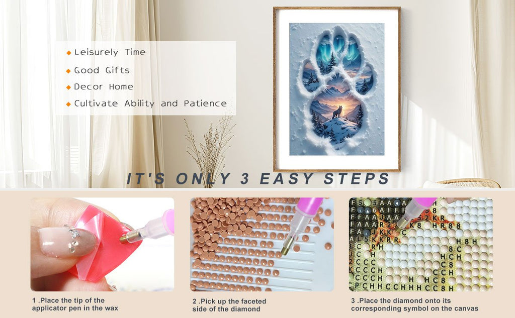 Diamond painting kit showing steps: applying wax to applicator, picking up diamond, placing diamond on canvas. Includes framed wolf paw print artwork.