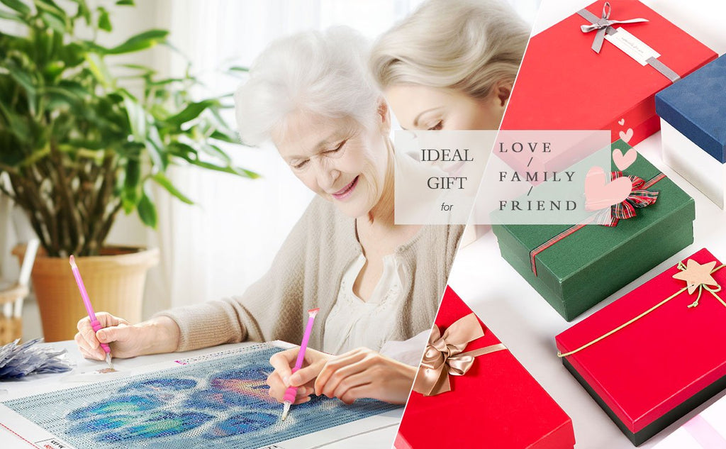 Two women working on a diamond painting kit, with gift boxes on the right side of the image.