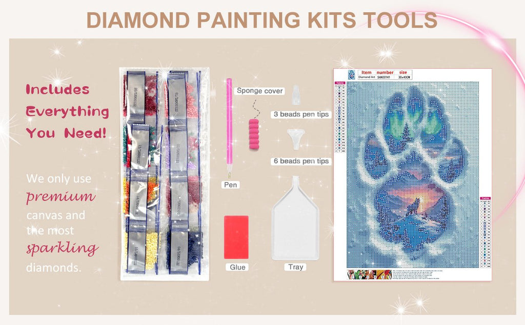 Diamond painting kit contents including diamond bags, pen, tray, glue, and a wolf paw print design canvas.
