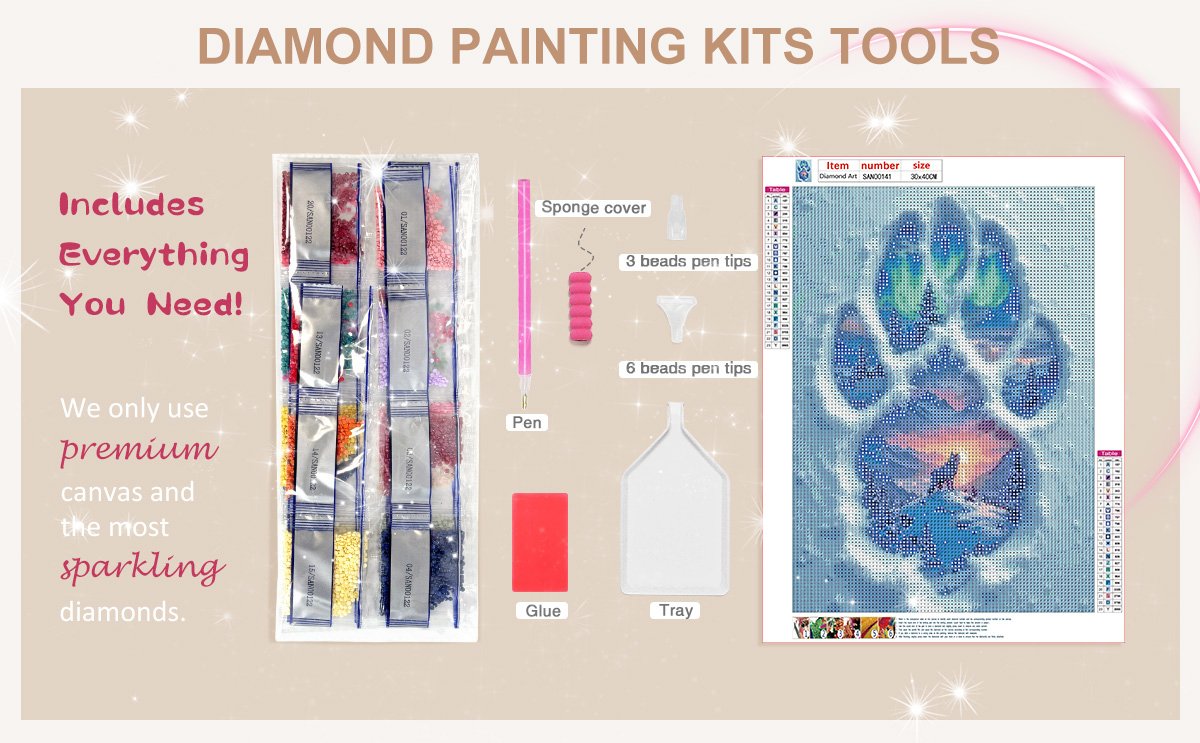 Diamond painting kit contents including diamond bags, pen, tray, glue, and a wolf paw print design canvas.