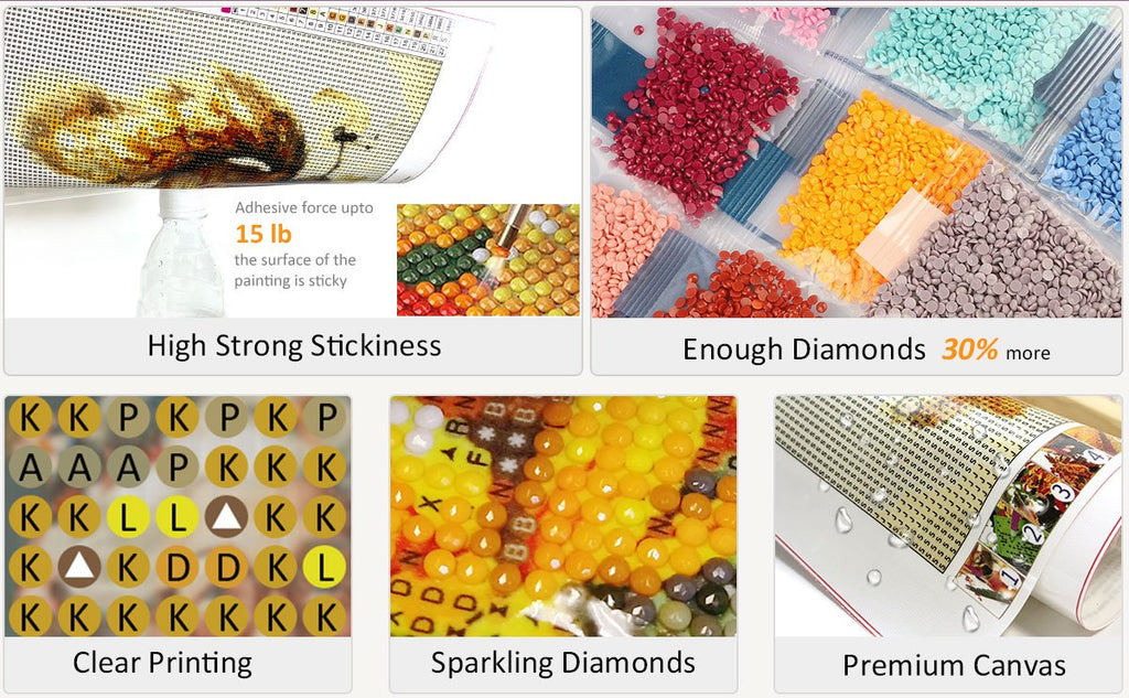 Diamond painting kit details: high stickiness, enough diamonds, clear printing, sparkling diamonds, premium canvas.