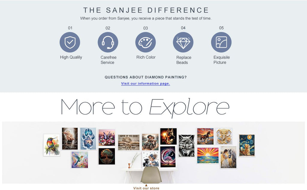 Diamond painting display with icons for quality, service, color, beads, and picture, plus a gallery of various diamond art examples.