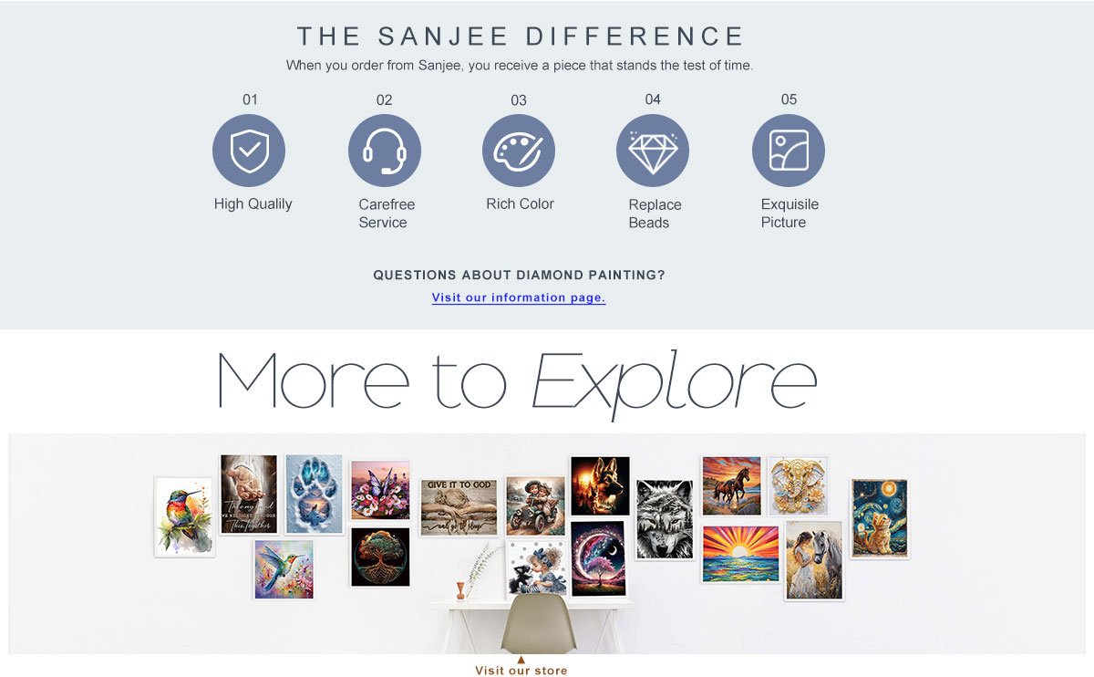 Diamond painting display with icons for quality, service, color, beads, and picture, plus a gallery of various diamond art examples.