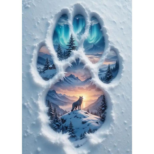 Diamond painting kit showing a wolf standing on a snowy peak with aurora borealis in the sky, viewed through a snow-covered paw print.