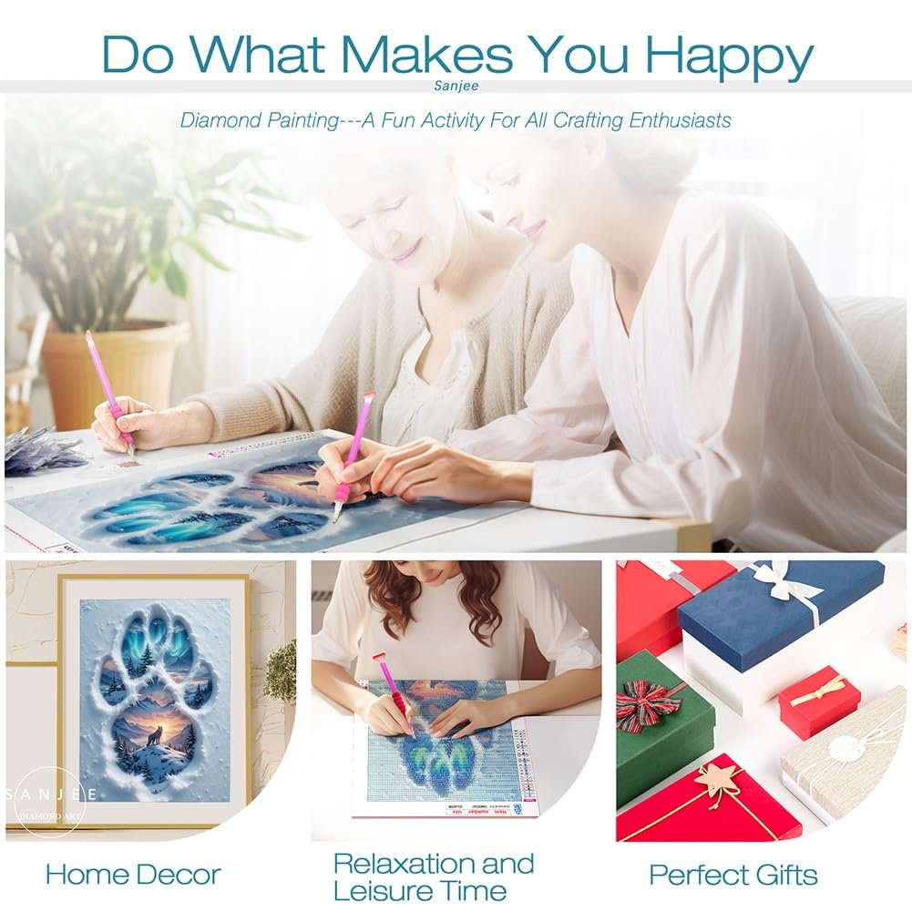 Collage of diamond painting kit images: two women crafting, a framed wolf paw print art, a woman working on a diamond painting, and gift boxes.