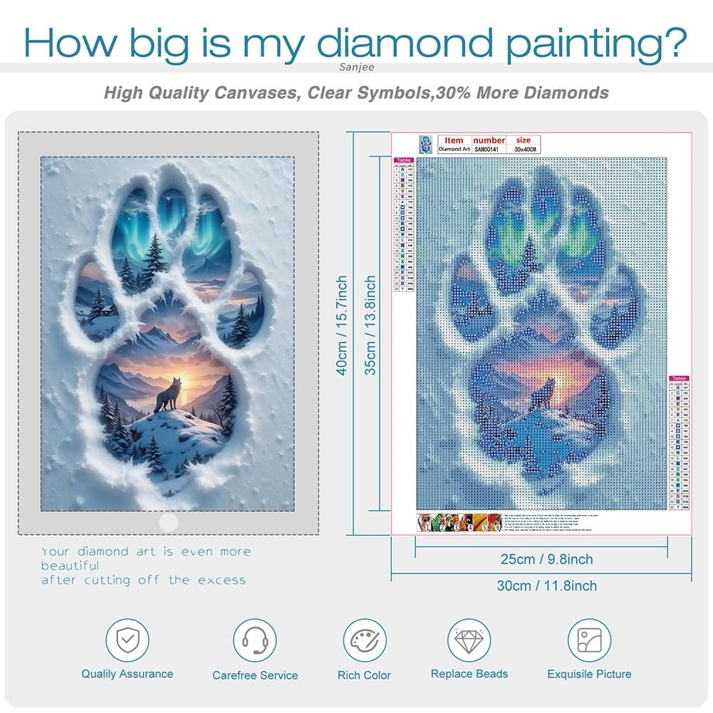 Diamond painting kit comparison showing a finished wolf paw print design and a partially completed version with size and item details.