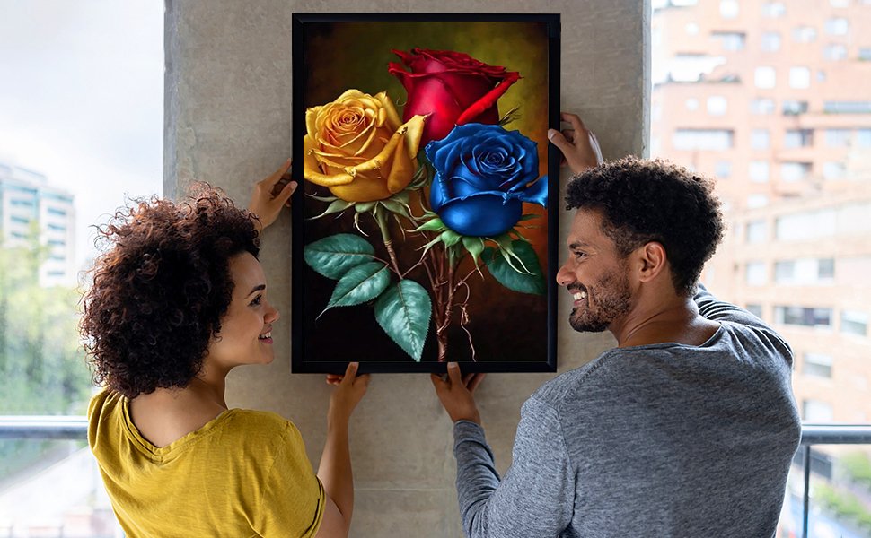 Couple hanging framed artwork of three roses: yellow, blue, and red. The artwork is a diamond painting.