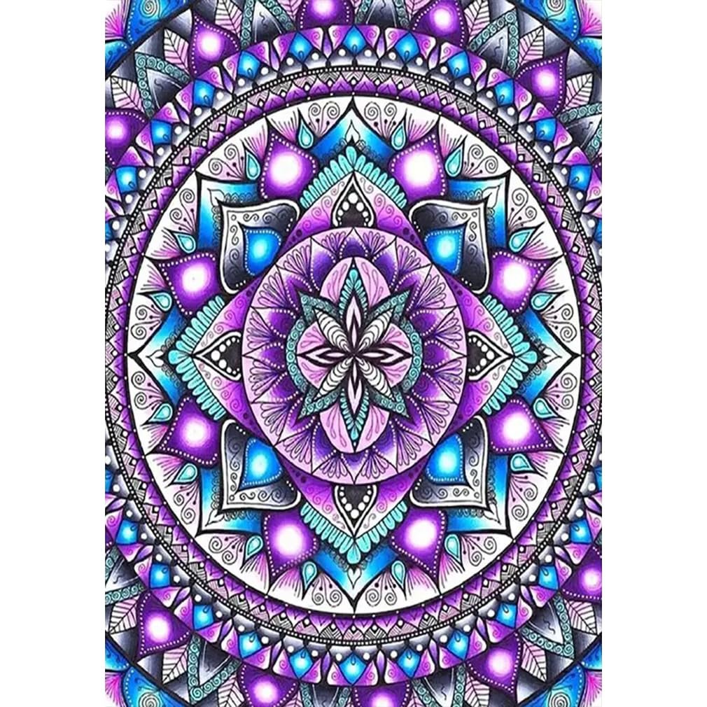 Mandala diamond painting design with intricate patterns in purple and blue hues, close-up view.