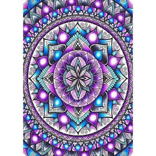 Mandala diamond painting design with intricate patterns in purple and blue hues, close-up view.