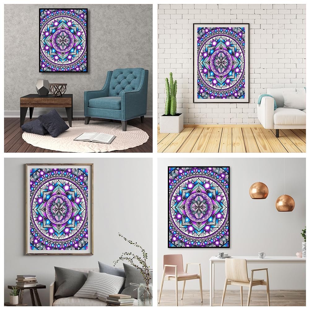Four lifestyle images showing a framed mandala diamond painting in different home decor settings.