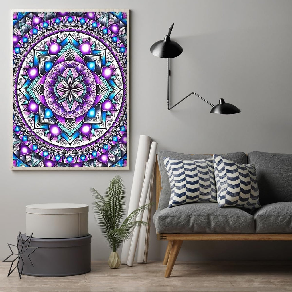 Framed mandala diamond painting art hanging on a wall above a sofa