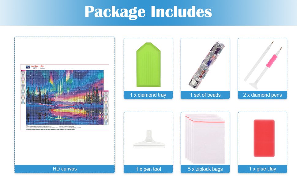Diamond painting kit contents including HD canvas, diamond tray, beads, pens, pen tool, ziplock bags, and glue clay.