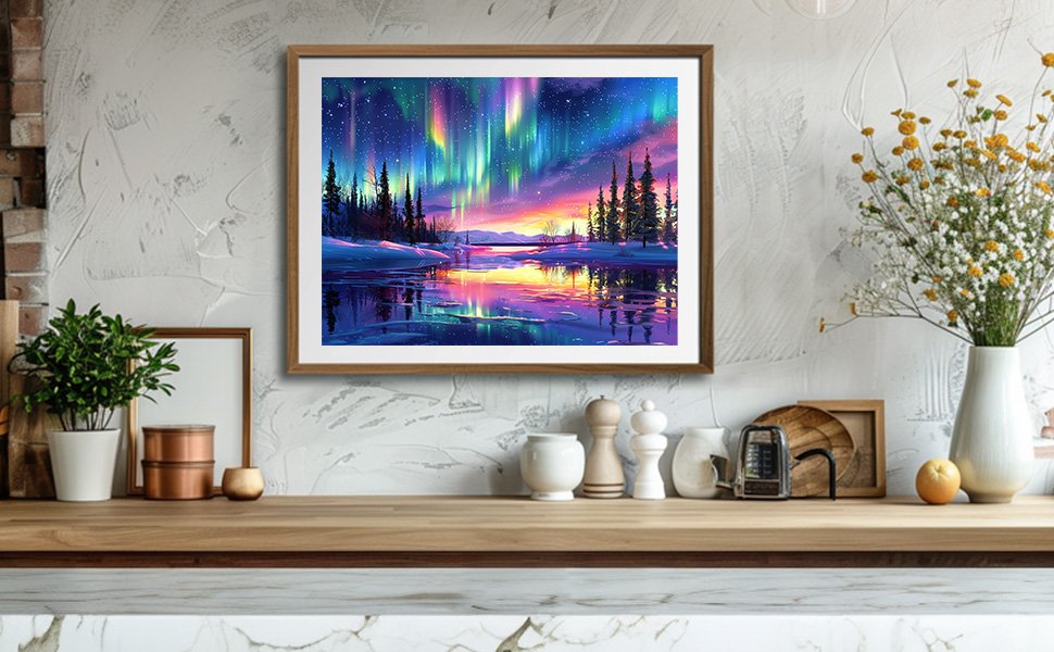 Framed diamond painting of a winter landscape with aurora borealis over a frozen lake and pine trees