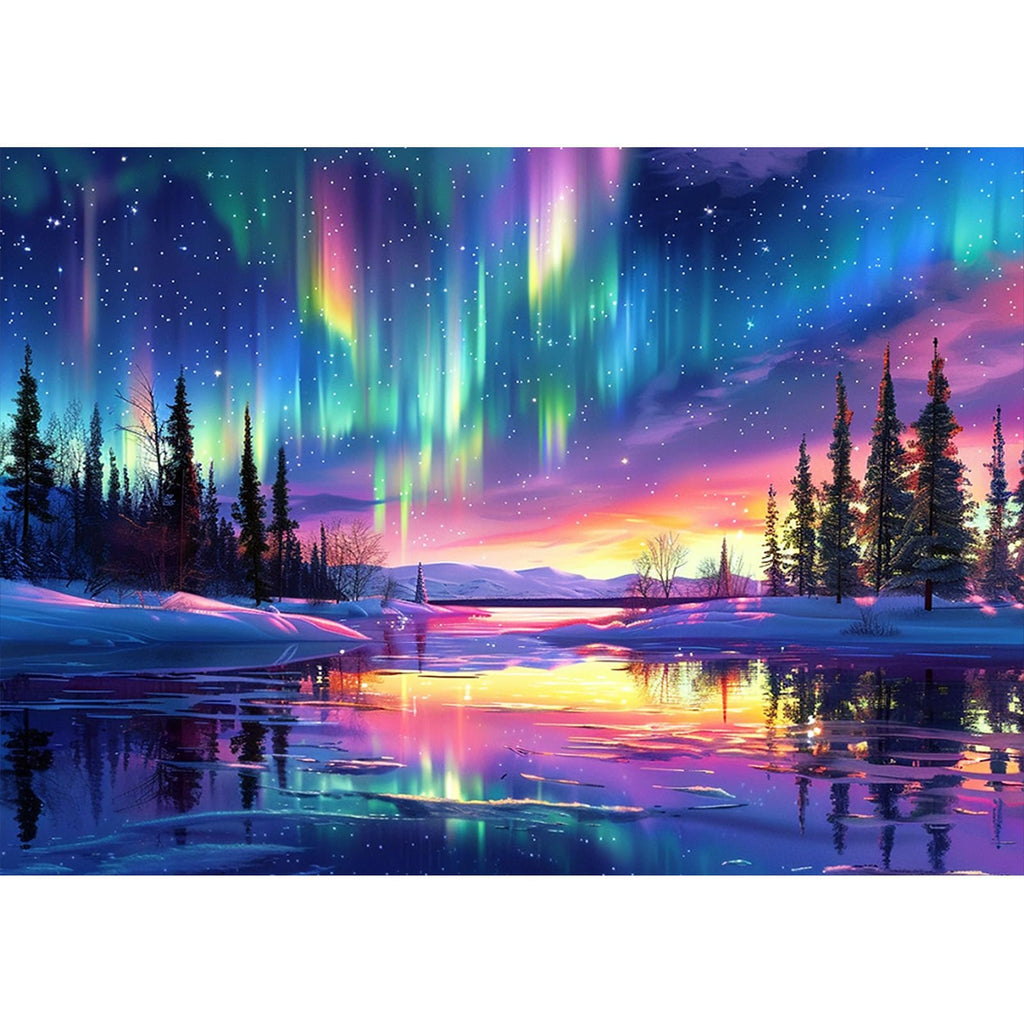 Diamond painting kit showing a vibrant aurora borealis over a snowy landscape and reflective water