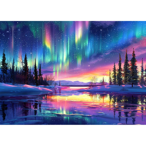 Diamond painting kit showing a vibrant aurora borealis over a snowy landscape and reflective water