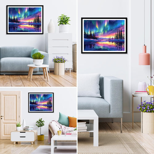 Diamond painting of aurora borealis over a frozen lake with pine trees, displayed in a modern living room setting.