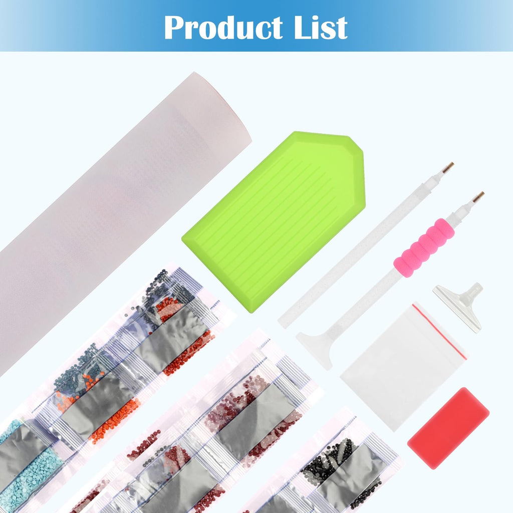 Diamond painting kit contents including canvas roll, sorting tray, diamond drills in bags, and tools.