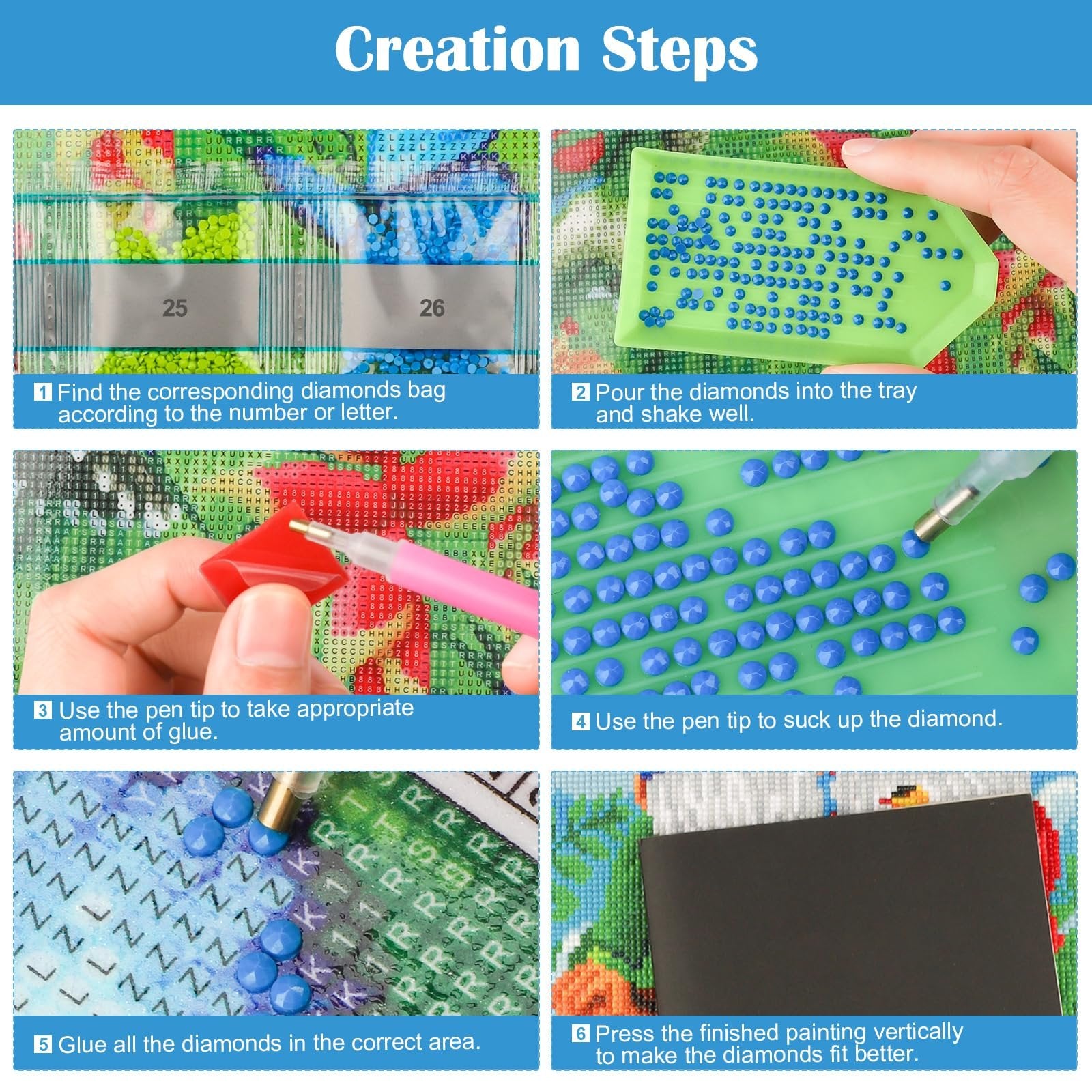 Diamond painting kit creation steps showing six stages of assembly, including sorting beads, applying glue, and placing diamonds.