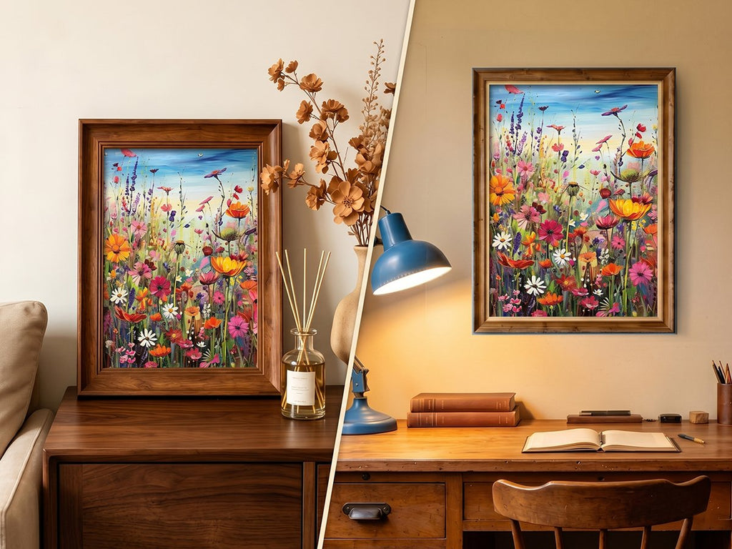 Framed 5D diamond painting of a vibrant wildflower field with a blue sky, displayed on a wooden desk and dresser.