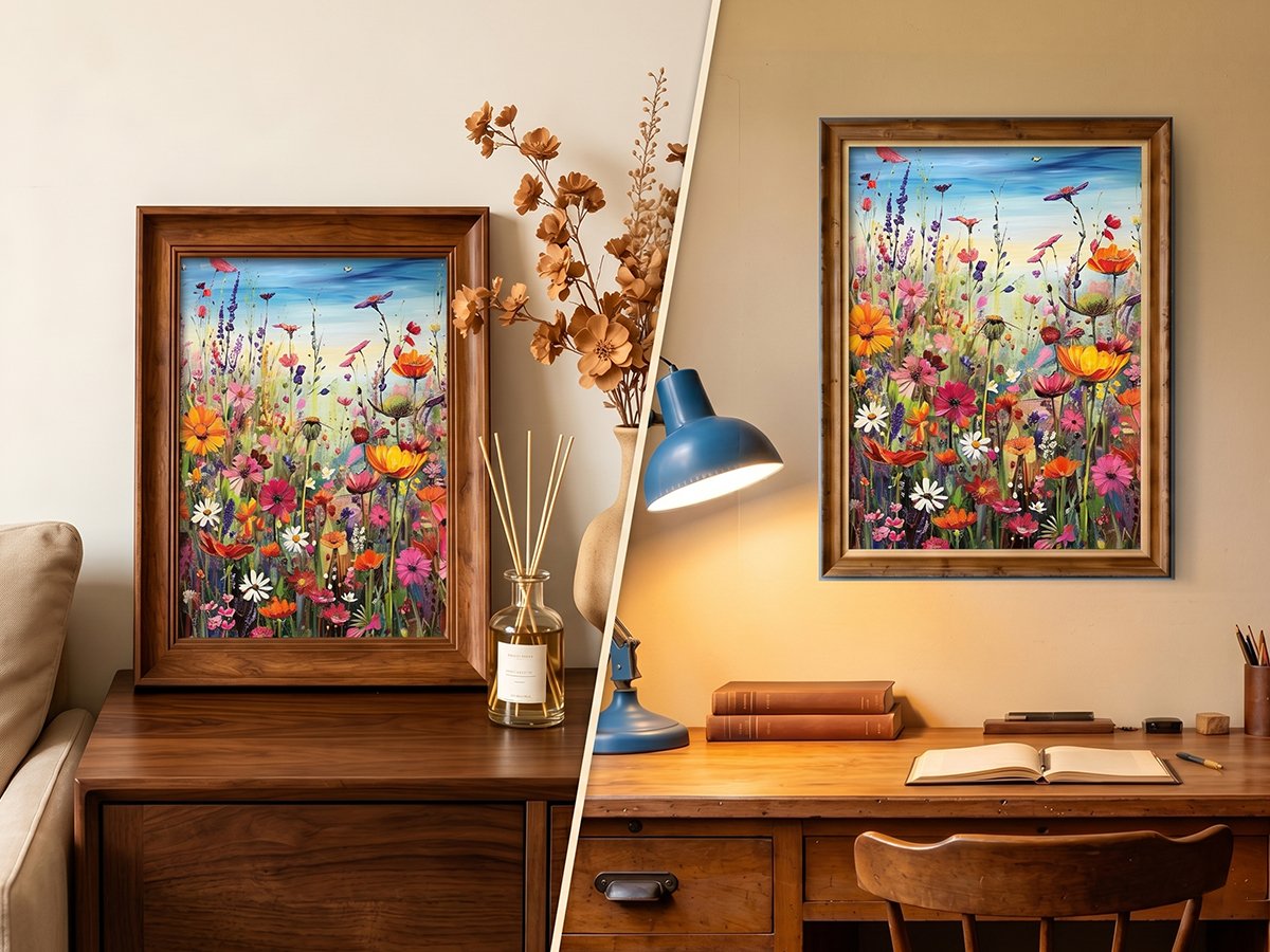 Framed 5D diamond painting of a vibrant wildflower field with a blue sky, displayed on a wooden desk and dresser.