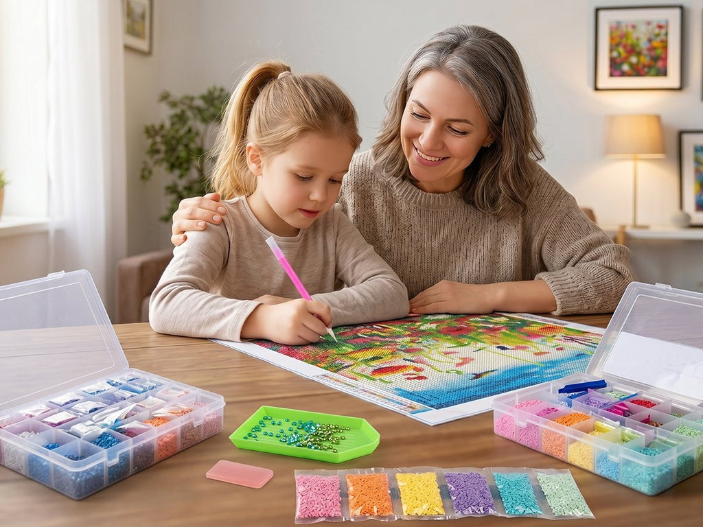 Woman and child doing a diamond painting kit of a sea of flowers, with beads and tools on the table.