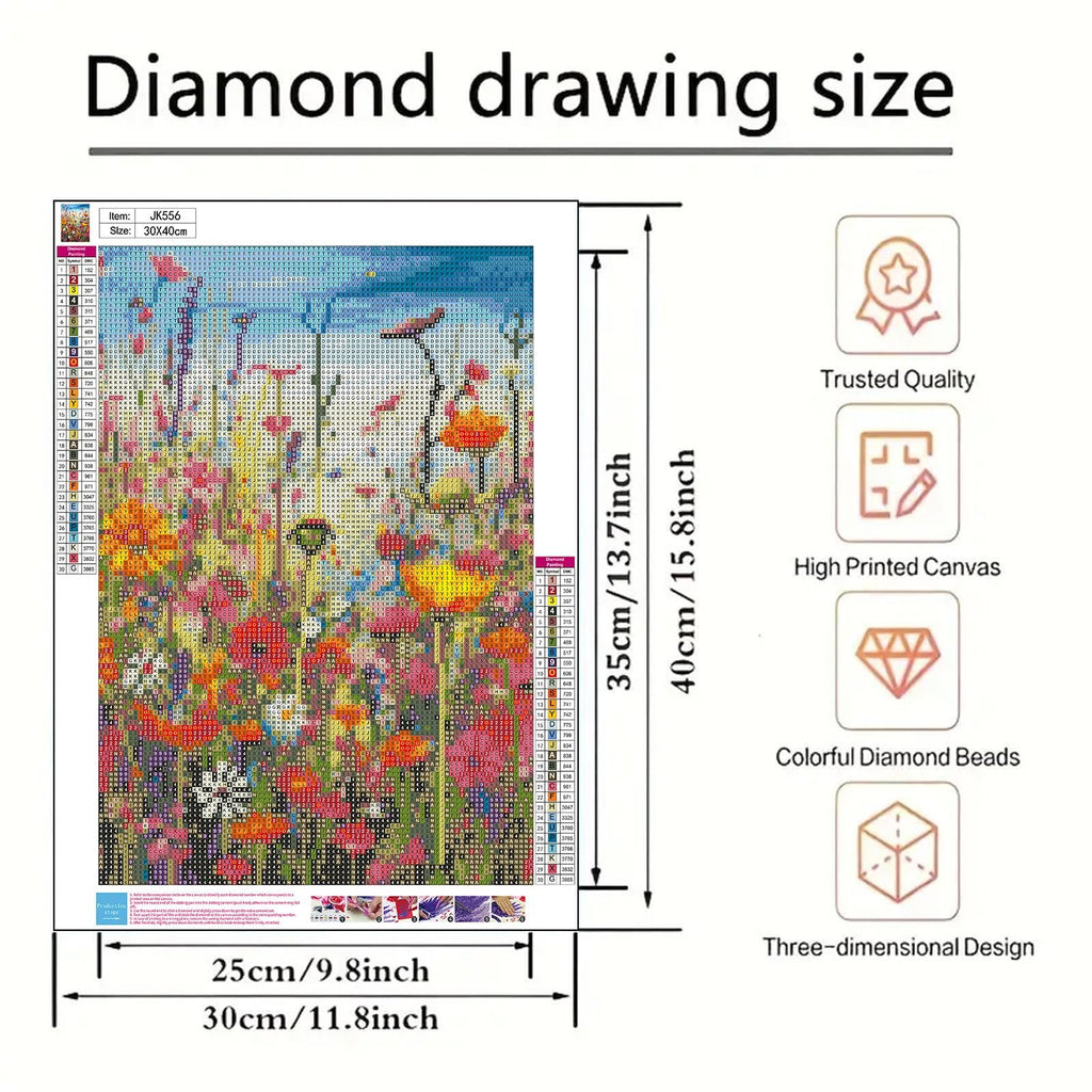 Diamond painting kit showing a colorful floral scene with a bird, with size dimensions and feature callouts.