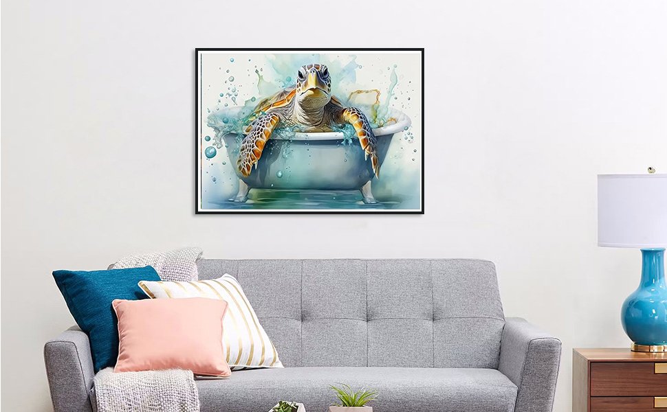 Diamond art painting of a sea turtle in a bathtub with water splashing, displayed on a wall above a sofa.
