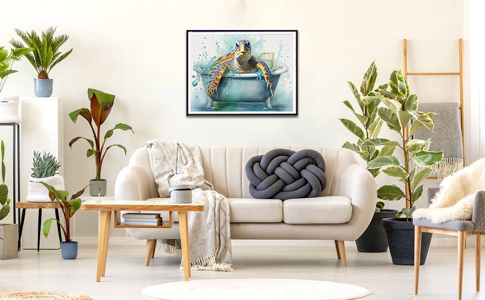 Framed diamond art painting of a sea turtle in a bathtub hanging on a wall above a sofa.