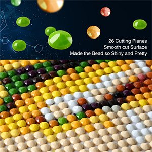 Close-up of diamond painting beads in various colors, with a graphic showing shiny beads and text about cutting planes.