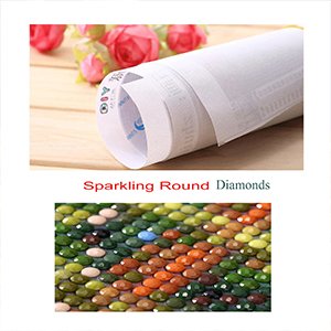 Diamond art painting kit with rolled canvas and close-up of colorful round diamonds