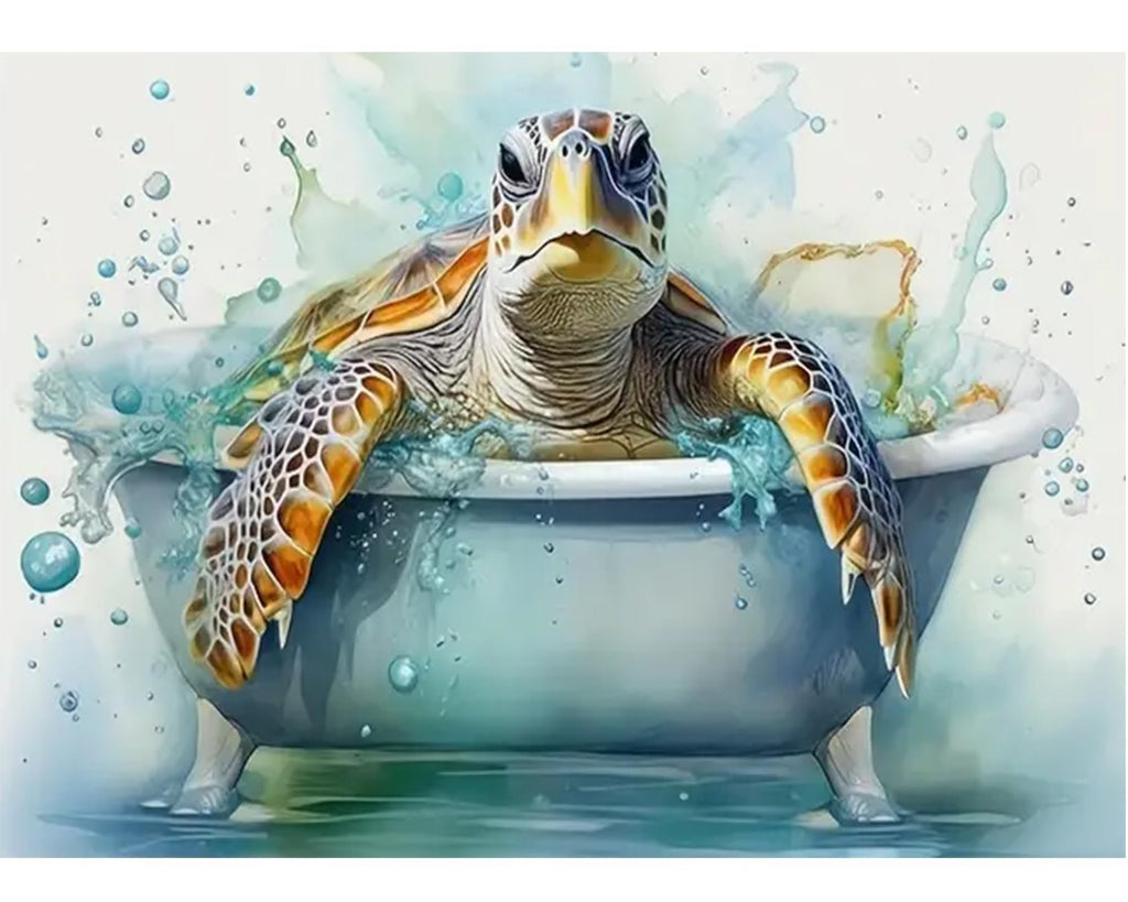 Sea turtle relaxing in a bathtub with water splashing around it, watercolor style