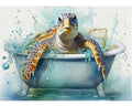 Sea turtle relaxing in a bathtub with water splashing around it, watercolor style