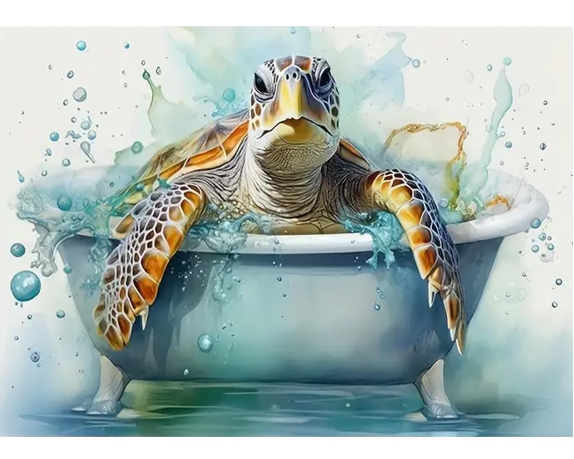 Sea turtle relaxing in a bathtub with water splashing around it, watercolor style