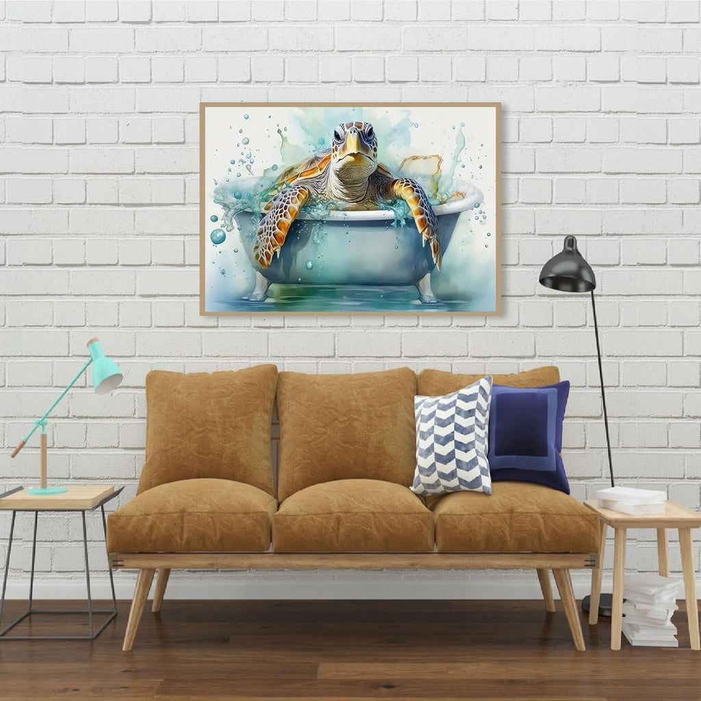 Framed diamond art painting of a sea turtle in a bathtub, displayed on a white brick wall above a sofa.