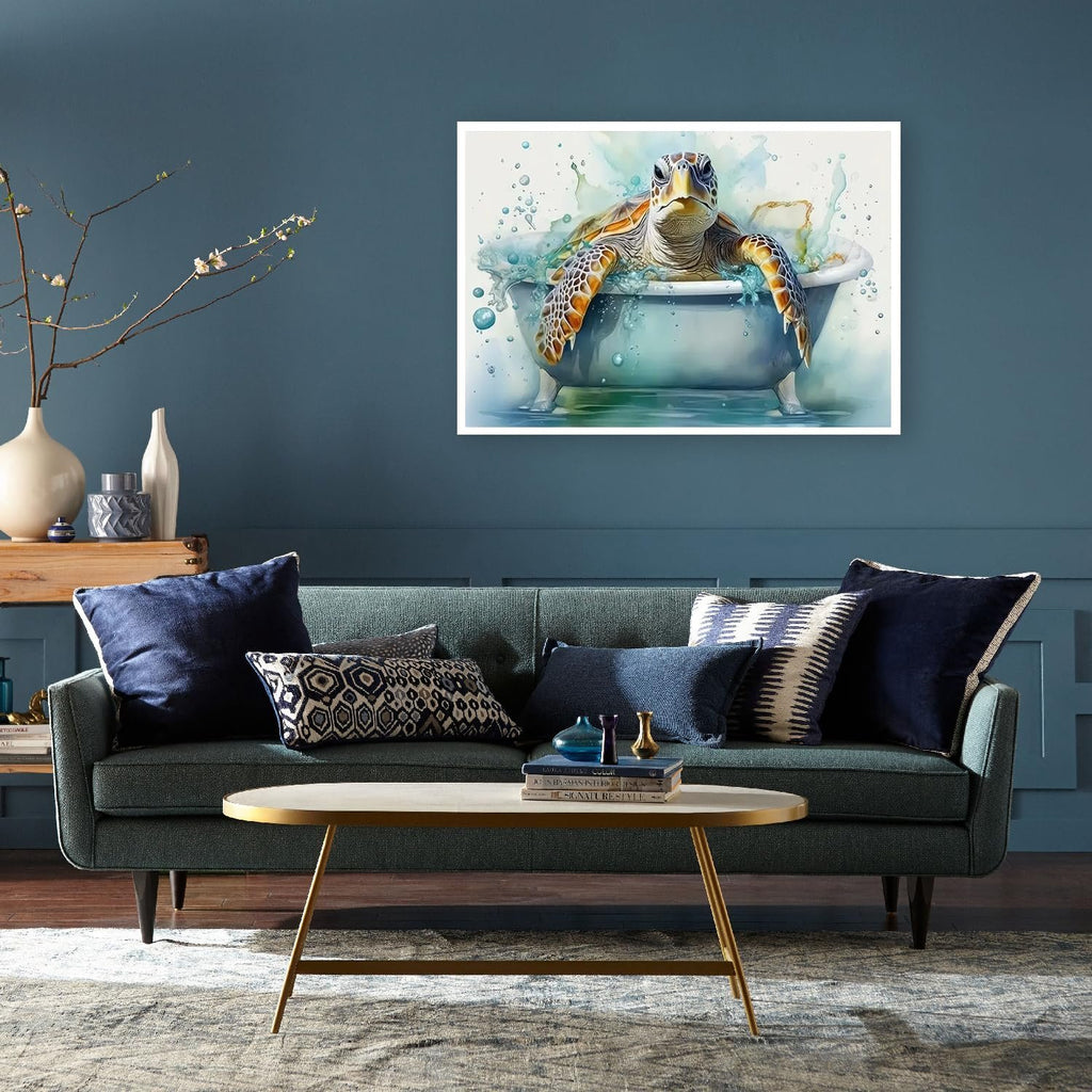 Watercolor painting of a sea turtle in a bathtub with water splashing, displayed in a living room above a sofa.