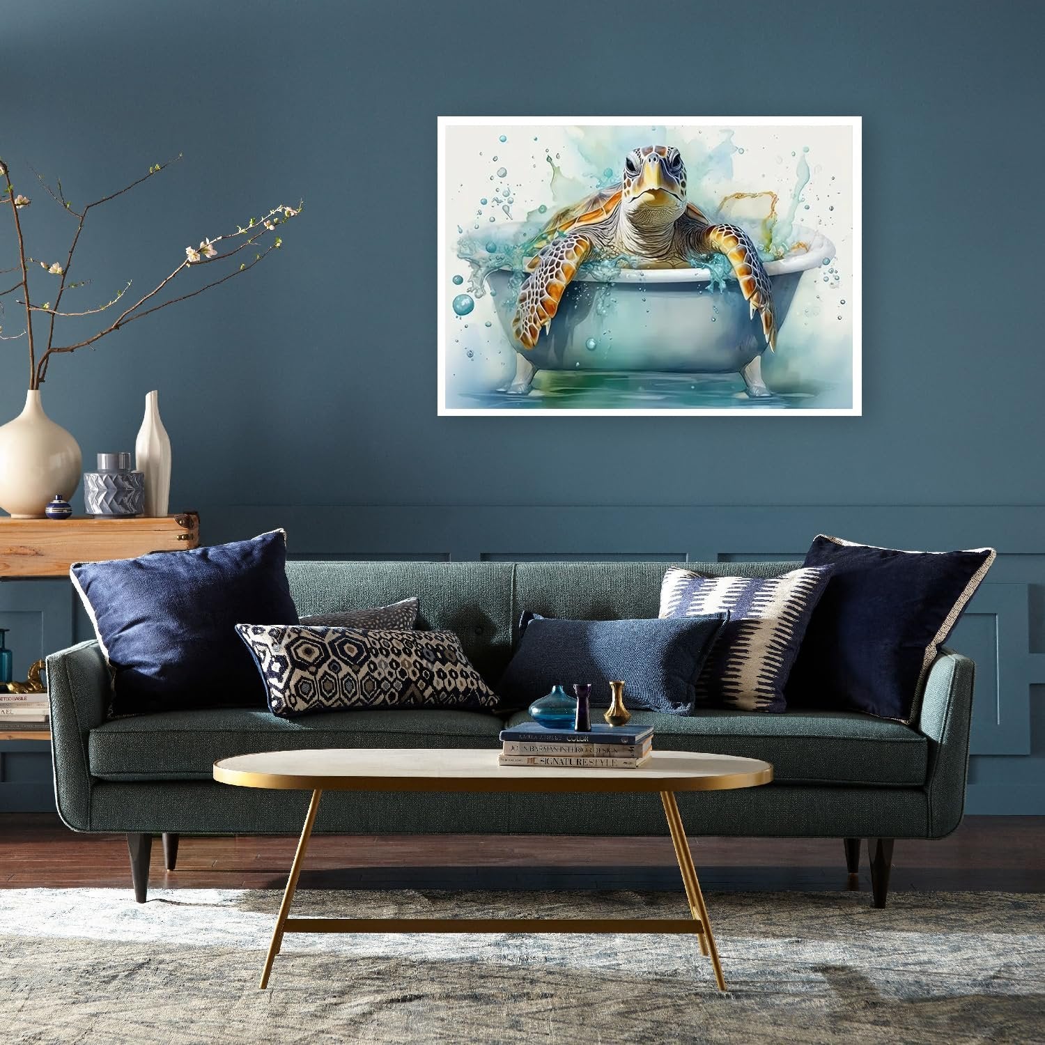 Watercolor painting of a sea turtle in a bathtub with water splashing, displayed in a living room above a sofa.